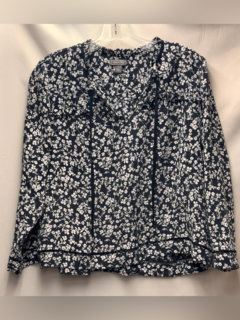 Point Sur by J Crew Black & White 100% Silk Floral Blouse Size Large